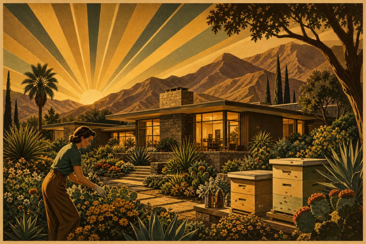 Mid-century modern home glowing at dusk with tended gardens, beehives, and art deco sun rays over the mountains