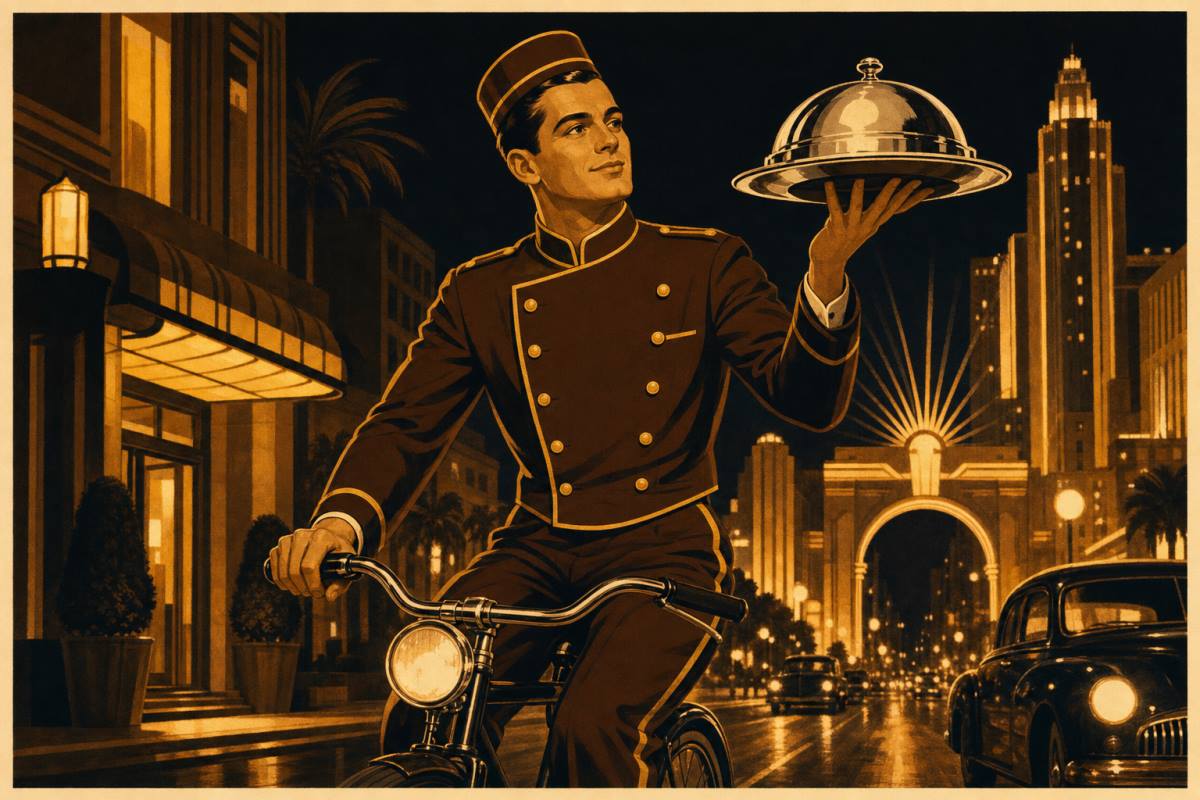 Valet on a bicycle carrying a silver cloche through neon-lit downtown Reno