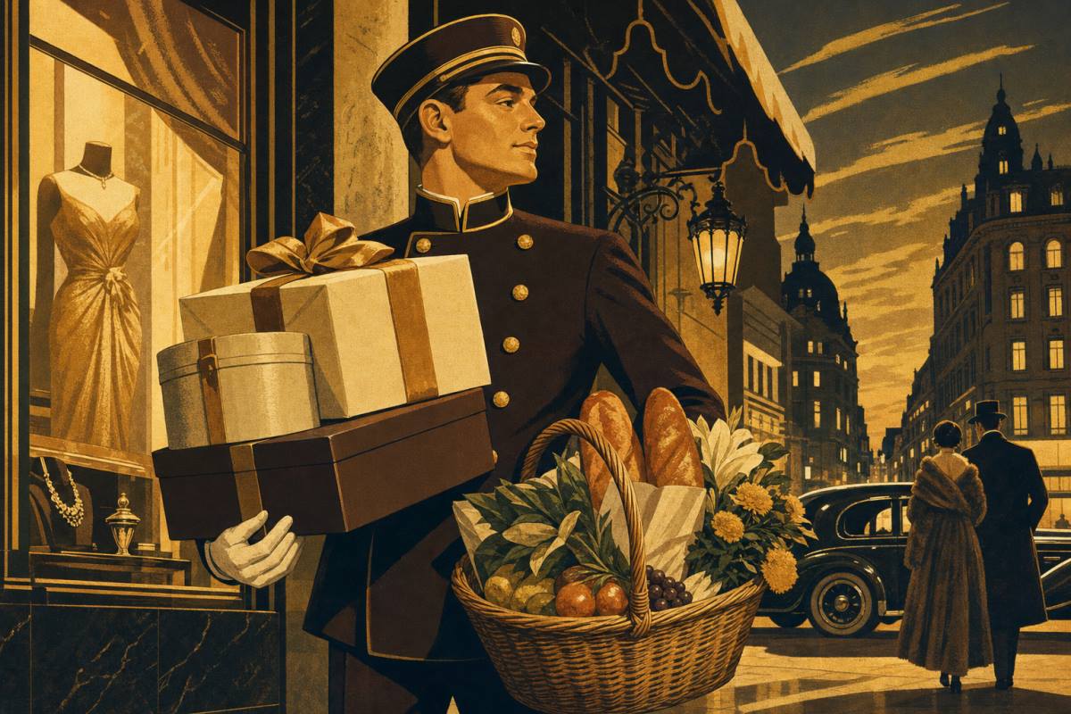 Uniformed valet carrying wrapped parcels and a market basket past elegant storefronts at dusk
