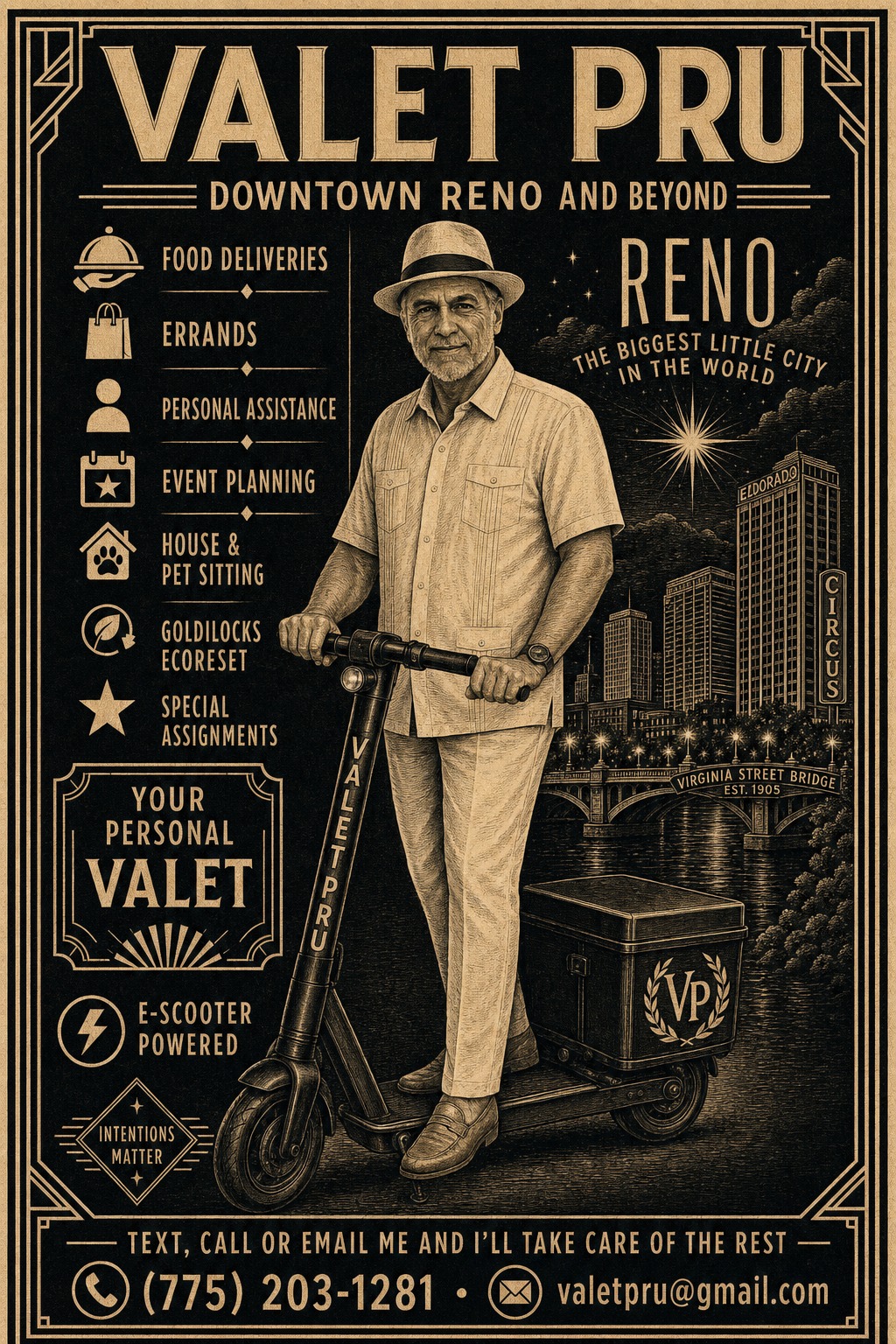 Valet Pru · Downtown Reno and beyond — Art Deco poster for personal concierge: food deliveries, errands, personal assistance, event planning, house and pet sitting, Goldilocks EcoReset, special assignments. E-scooter powered. Text, call, or email (775) 203-1281 · valetpru@gmail.com