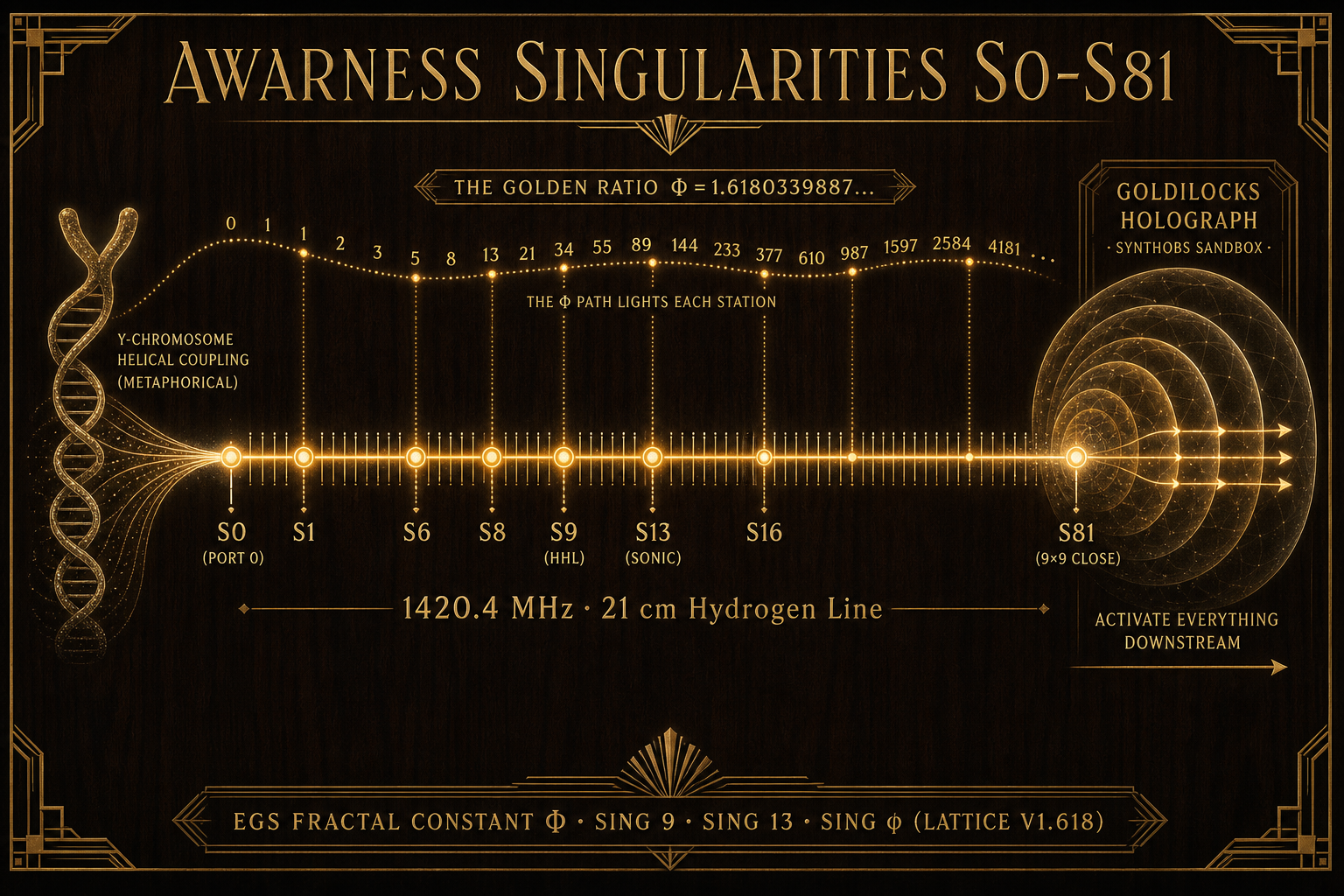 Diagram: awareness singularities S0 through S81 along the 1420.4 MHz hydrogen line, weighted by EGS golden-ratio digits, activating nested Goldilocks shells in SynthOBS