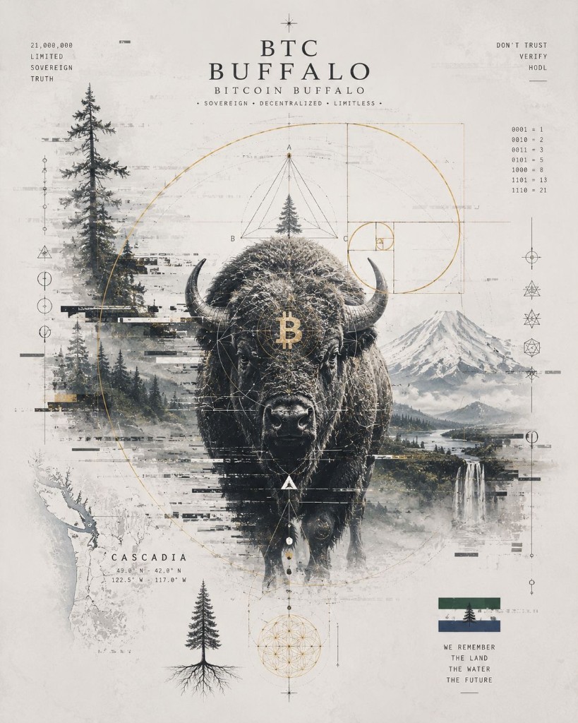 BTC Buffalo · Bitcoin Buffalo — sovereign decentralized limitless · Cascadia · BTC Goldilocks Mine coherence rail.