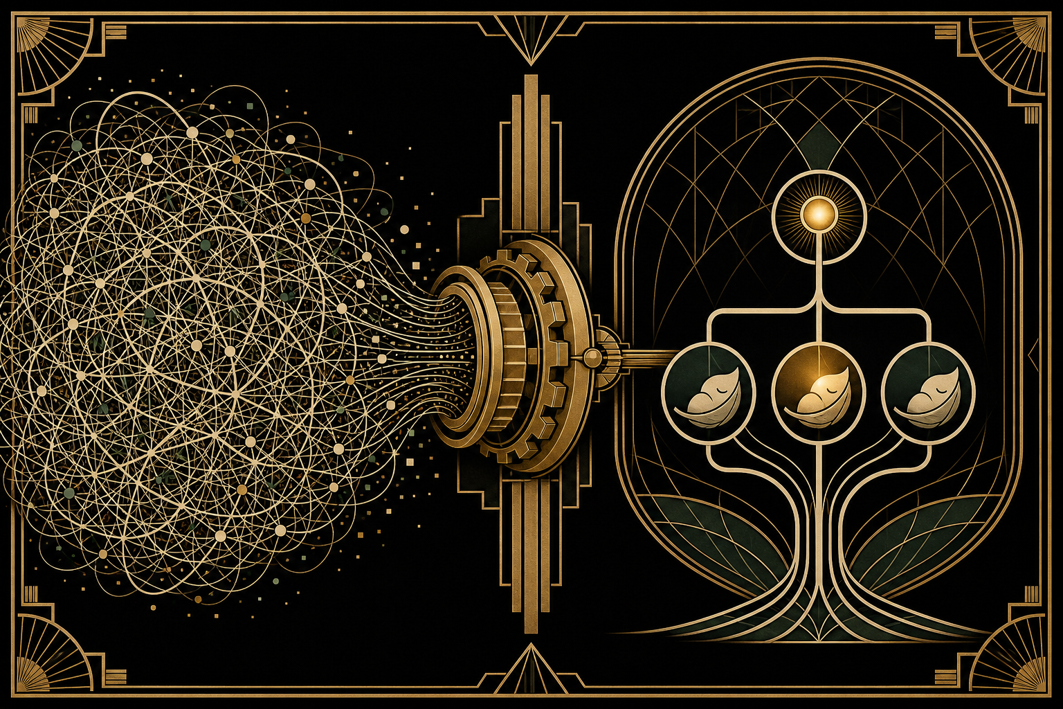 Art Deco plate — tangled context refined through a lattice into a clear nested tree
