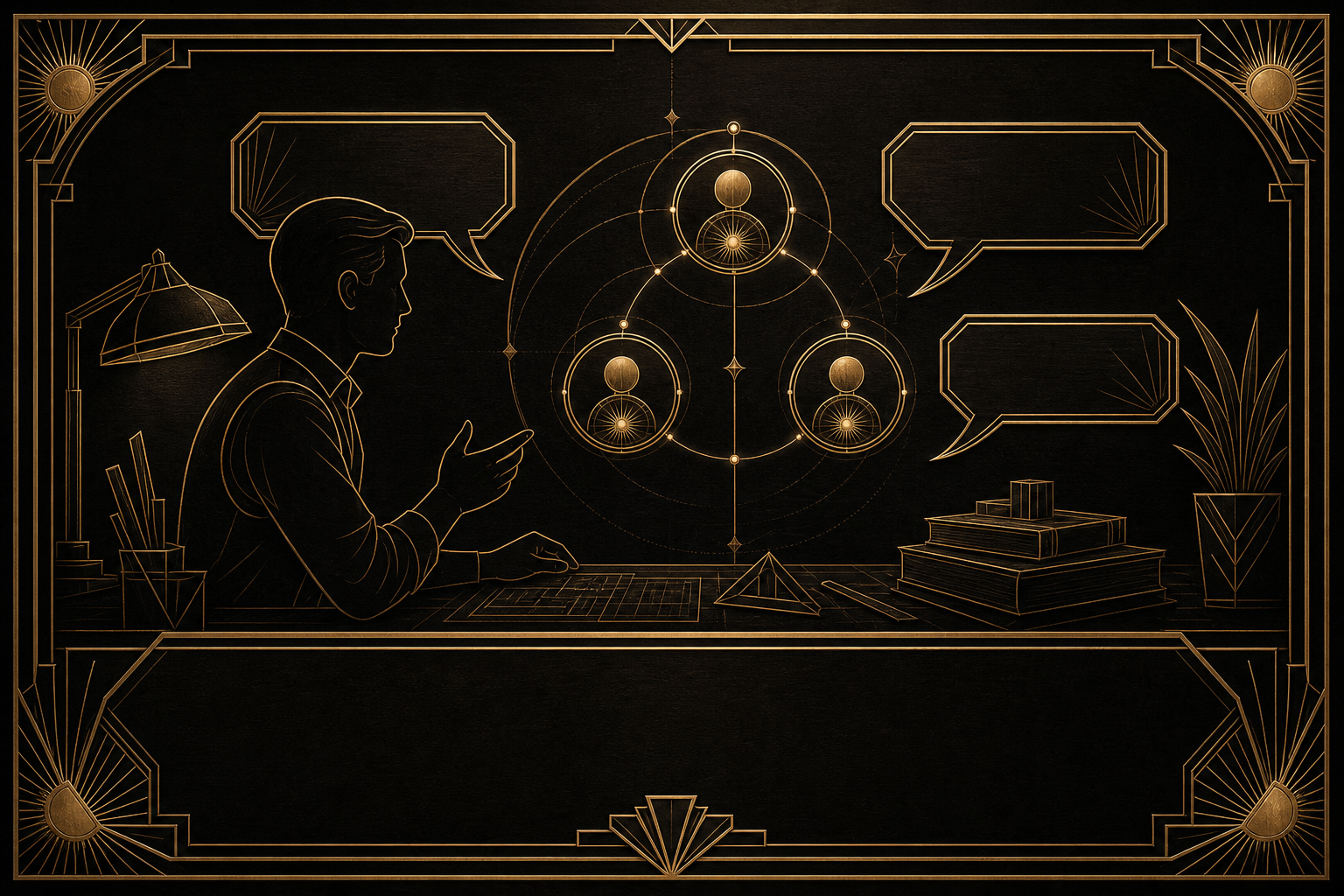 Art Deco plate — human builder in conversation with a small nested constellation of agent nodes