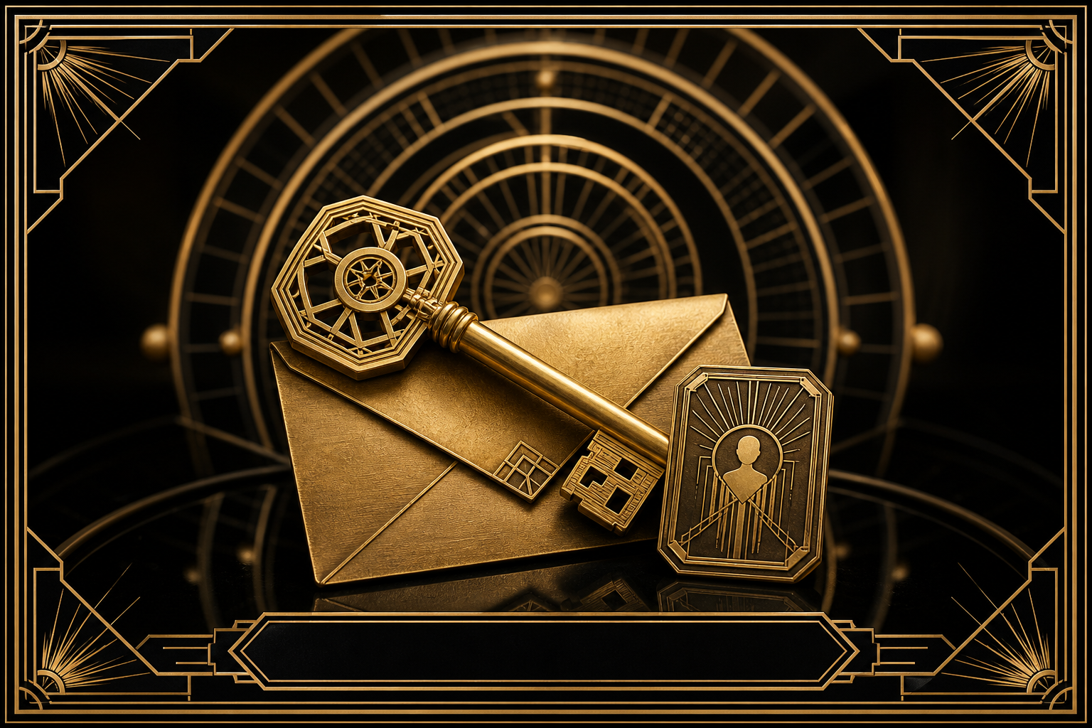 Art Deco plate — golden key, honor envelope, nested agent rings