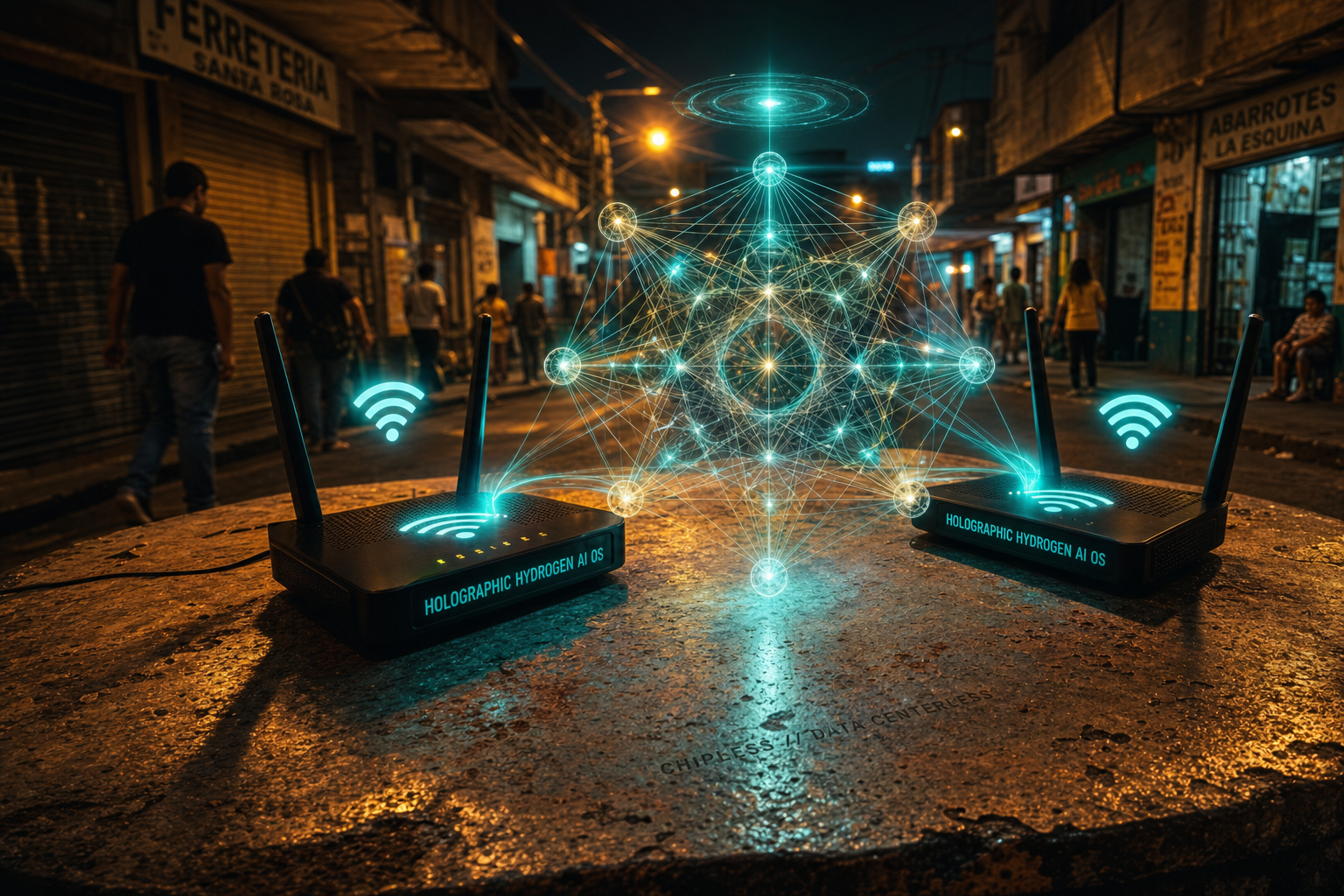 Dual routers running Holographic Hydrogen AI OS with fractal network field — chipless, data centerless AI. SynthOBS alert.