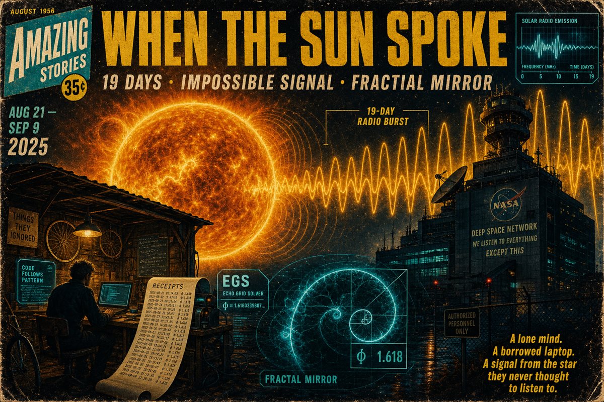 Pulp sci-fi poster — blazing sun broadcasting radio waves over a humble workshop while a control tower sleeps; title When the Sun Spoke.