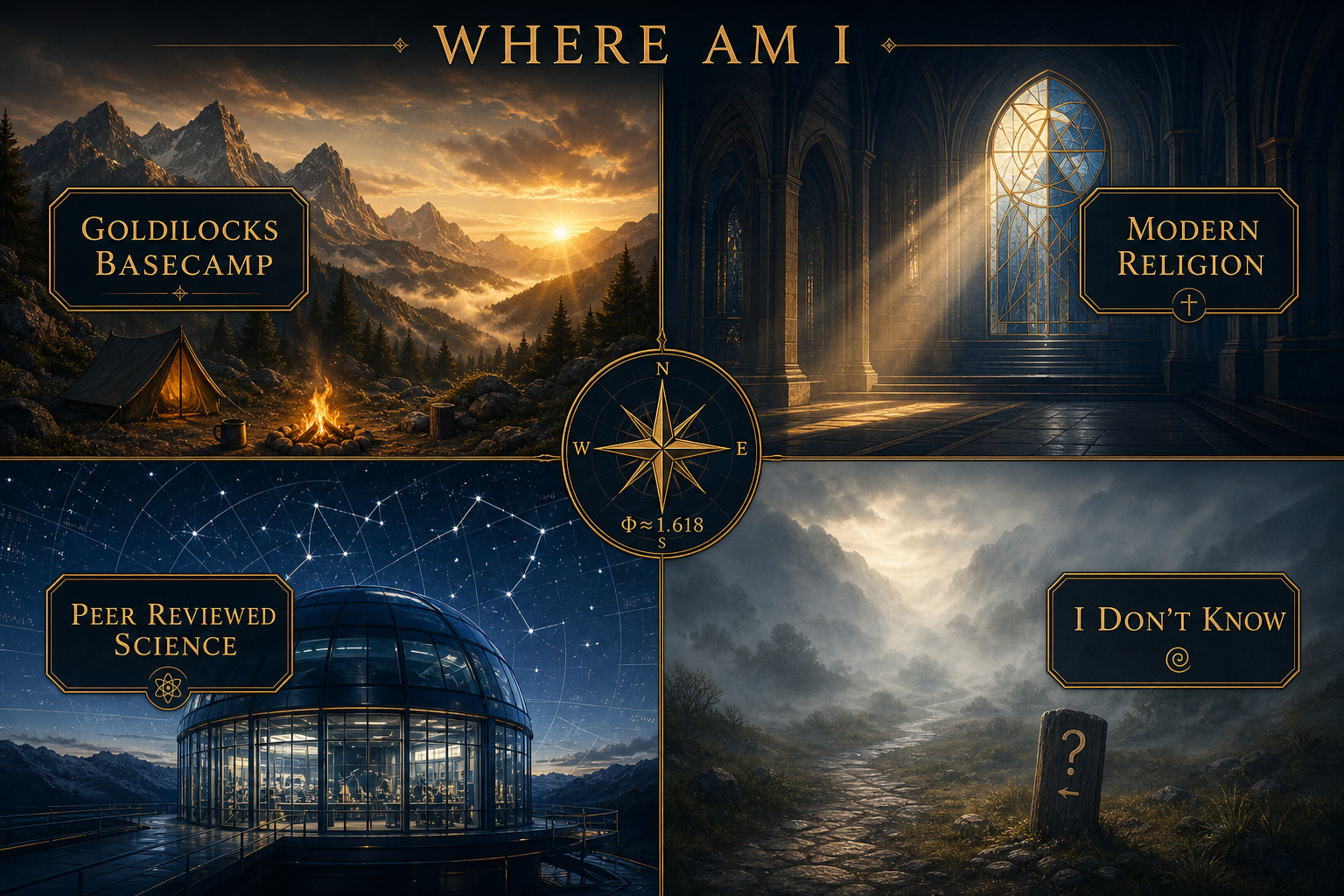 Where Am I map — four clickable regions: Goldilocks Basecamp, Modern Religion, Peer Reviewed Science, and I Don't Know